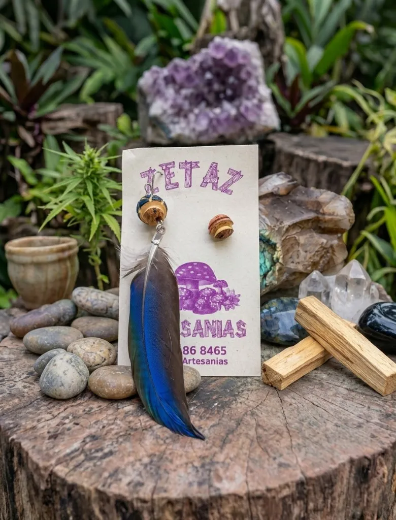 Pluma iridiscente y topito en madera